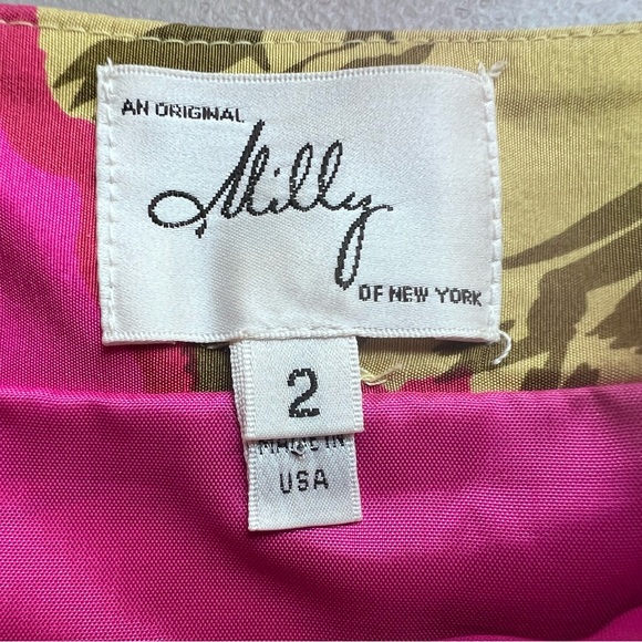 Milly New York Fuchsia Pink Green Abstract Floral Silk Pleated Skirt Size 2 - Picture 2 of 6